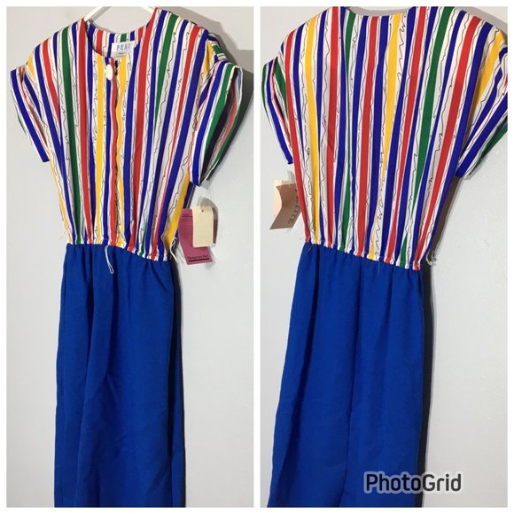 Vintage 80s Clowncore Dress Bright Primary Colors Abstract Rainbow Geometric - Picture 2 of 12